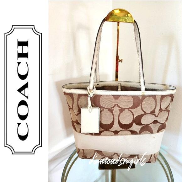 Coach Handbags - COACH Signature Stripe Tote Bag with Off White Trim VGUC